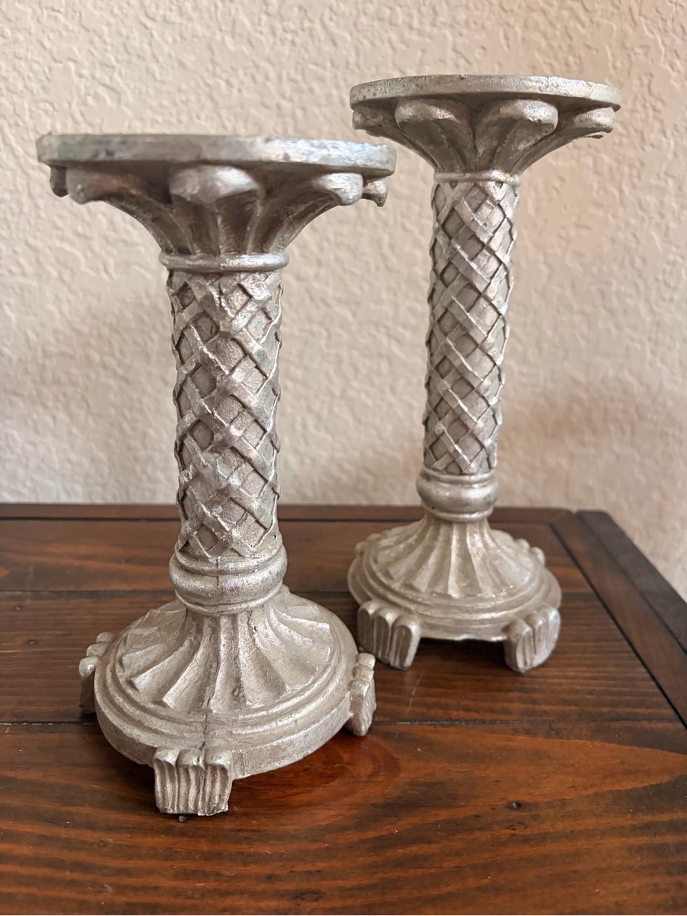 Decorative Pair of Silver Textured Pillar Candle Holders - Brand Unmarked